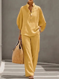 Women’s Batwing Sleeve Linen Cotton Two-Piece Set – Casual Shirt & Wide Leg Pants Outfit